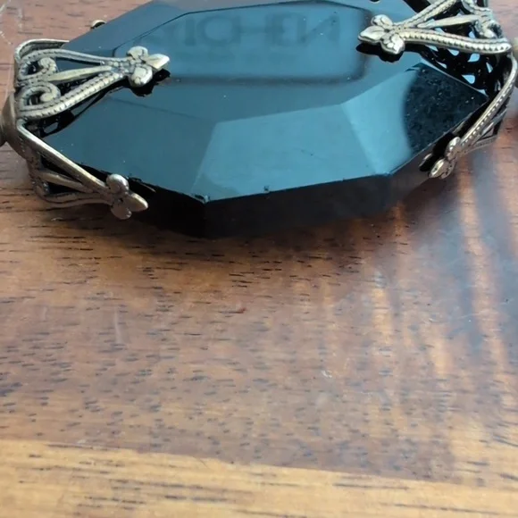 JAN MICHAELS San Francisco Long Artisan Brass Black Stone Necklace Art Deco - Picture 7 of 7